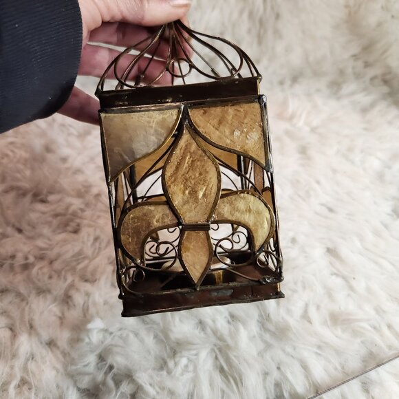 Antique Metal & Capiz Shell Lantern With Fleur-de-Lis Design - Picture 5 of 7